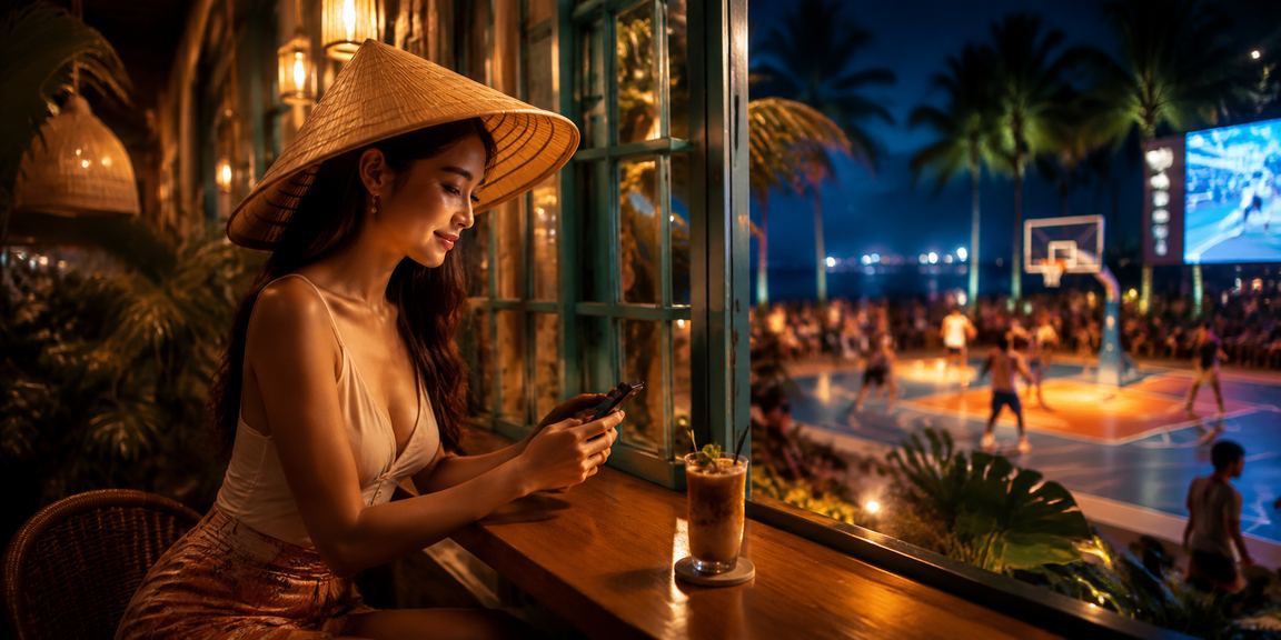 Người dùng Phú Quốc đội nón lá theo dõi cược bóng rổ trong không khí VIP đặc sắc